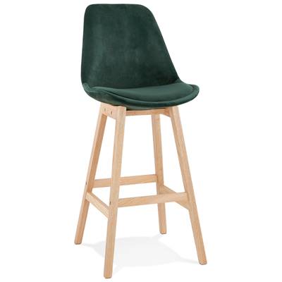 Tabouret de bar design scandinave 'CHAIRMAN' en velours vert 4 pieds en bois naturel et dossier haut