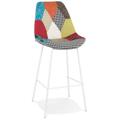 Tabouret de bar 'KESKI' tissu patchwork multicolor 4 pieds et repose pieds métal blanc dossier haut