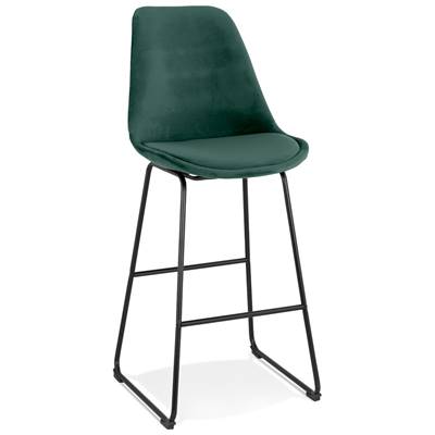 Tabouret de bar 'GUSTO' en velours vert pieds tréteaux et repose pieds en métal noir dossier haut