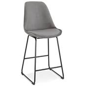 Tabouret de snack mi-hauteur 'GUSTO MINI' velours gris pieds tréteaux en métal noir dossier haut