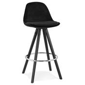 Tabouret snack mi-hauteur 'BLACK CIRCLE MINI' velours noir 4 pieds bois noir et chromé dossier haut