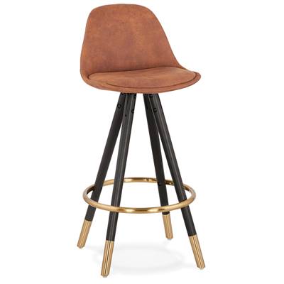 Tabouret snack mi-hauteur 'MODEN MINI' microfibre marron 4 pieds bois noir métal doré dossier haut