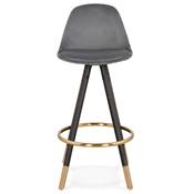 Tabouret snack mi-hauteur 'MODEN MINI' velours gris 4 pieds bois noir pieds métal doré dossier haut
