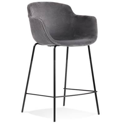 Tabouret de snack design à accoudoirs 'CARINO MINI' en velours gris 4 pieds métal noir dossier haut