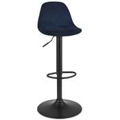 Tabouret de bar réglable 'LUSSO' pivotant velours bleu pied et repose pieds métal noir dossier haut