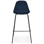 Tabouret de bar design style baroque 'Tekno' en velours bleu 4 pieds en métal noir et dossier haut