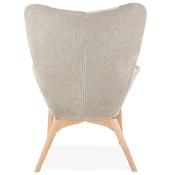 	Fauteuil à oreilles scandinave design 'ELEGAN' en tissu patchwork bleu et gris pieds en bois naturel