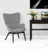 Fauteuil à oreilles design capitonné design 'ELEGAN' en tissu pied de poule pieds en bois noir