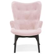 Fauteuil à oreilles capitonné design 'ELEGAN' en velours rose pieds en bois noir