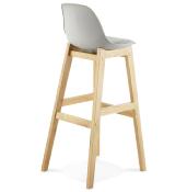 Tabouret de bar design scandinave 'Topo' gris avec 4 pieds en bois naturel et dossier haut