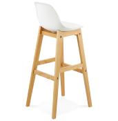 Tabouret de bar design scandinave 'Topo' blanc avec 4 pieds en bois naturel et dossier haut