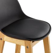 Tabouret de bar design scandinave 'Topo' noir avec 4 pieds en bois naturel et dossier haut