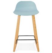 Tabouret de snack mi-hauteur design scandinave 'Skala' bleu pieds tréteaux bois naturel dossier bas