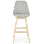 Tabouret de bar design scandinave 'Chairman' en tissu gris 4 pieds en bois naturel et dossier haut