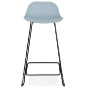 Tabouret de bar design 'Steelblack' bleu pieds tréteaux et repose pieds en métal noir dossier bas