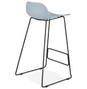 Tabouret de bar design 'Steelblack' bleu pieds tréteaux et repose pieds en métal noir dossier bas