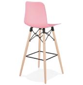 Tabouret de bar scandinave 'Slakwood' rose 4 pieds bois et repose pieds en métal noir dossier haut