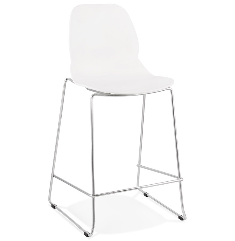 Tabouret de snack mi-hauteur empilable design 'Great Mini' blanc 4 pieds métal chromé dossier haut