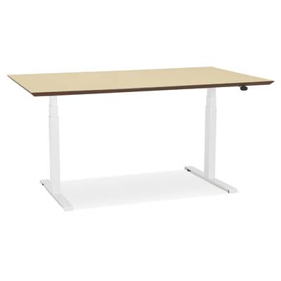 Bureau design assis-debout électrique 'SMALL TECH' en bois naturel pieds métal blanc - 150 x 70 cm