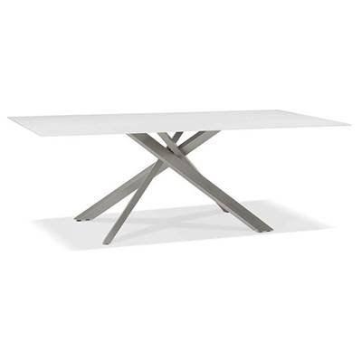 Table de salle à manger 'Tepee Verre' plateau verre trempé blanc pieds acier brossé - 200 x 100 cm