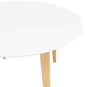 Table / table de réunion extensible ronde scandinave 'Fika' blanche 4 pieds en bois naturel – 120(220) x 120 cm