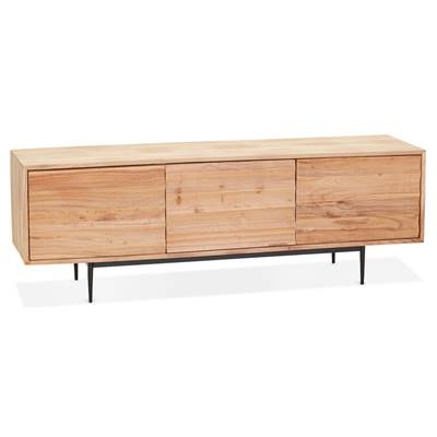 Meuble TV design 'EXPLOR' en bois d'Acacia naturel 3 portes avec pieds en métal thermolaqué noir