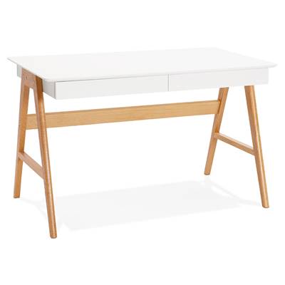 Petit bureau droit / table de travail design 'CHILD' blanc en bois pieds bois naturel - 120 x 70 cm