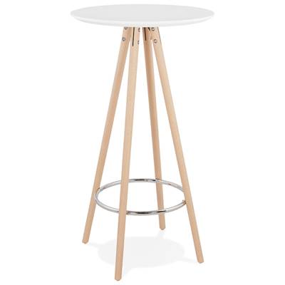 Table de bar haute design ronde 'ASTER' en bois blanc avec 4 pieds en bois naturel et métal chromé