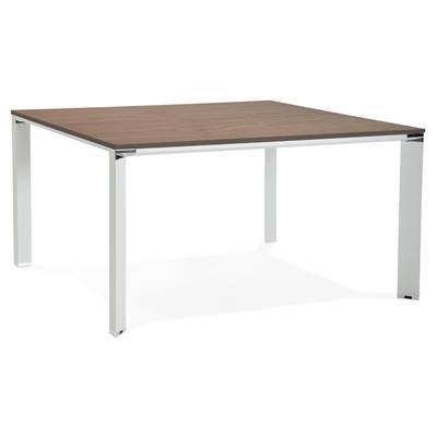 Table de réunion / bureau bench design 'BIG AFER' noyer pieds métal blanc et chromé - 140 x 140 cm
