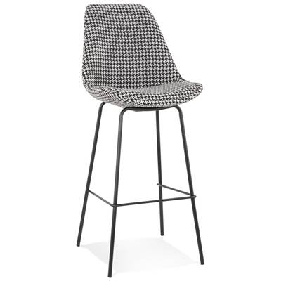 Tabouret de bar 'KESKI' en tissu pied de poule 4 pieds et repose pieds en métal noir dossier haut