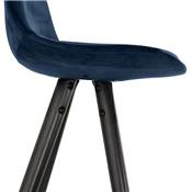 Tabouret de bar 'BLACK CIRCLE' velours bleu 4 pieds bois noir repose pieds métal chromé dossier haut