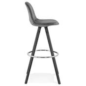 Tabouret de bar 'BLACK CIRCLE' velours gris 4 pieds bois noir repose pieds métal chromé dossier haut