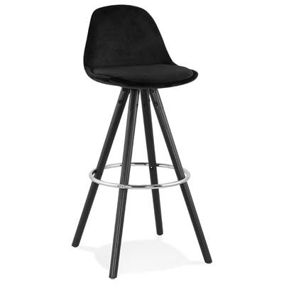 Tabouret de bar 'BLACK CIRCLE' velours noir 4 pieds bois noir repose pieds métal chromé dossier haut