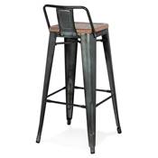 Tabouret de bar design industriel carré 'METALLO' assise bois avec dossier 4 pieds métal gris foncé