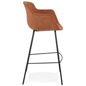 Tabouret de bar design à accoudoirs moderne 'CARINO' en microfibre marron avec 4 pieds en métal noir