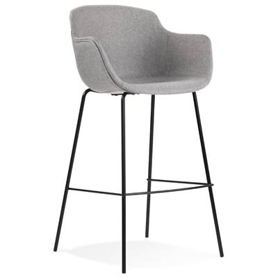 Tabouret de bar design à accoudoirs moderne 'CARINO' en tissu gris clair avec 4 pieds en métal noir