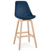 Tabouret de bar design scandinave 'CHAIRMAN' en velours bleu 4 pieds en bois naturel et dossier haut