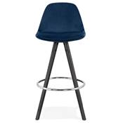 Tabouret snack mi-hauteur 'BLACK CIRCLE MINI' velours bleu 4 pieds bois noir et chromé dossier haut