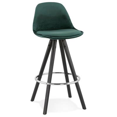 Tabouret snack mi-hauteur 'BLACK CIRCLE MINI' velours vert 4 pieds bois noir et chromé dossier haut