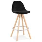 Tabouret snack mi-hauteur scandinave 'CIRCLE MINI' velours noir 4 pieds bois et chromé dossier haut