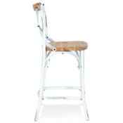 Tabouret snack mi-hauteur vintage 'MAKINA MINI' effet noyer vieilli 4 pieds métal blanc dossier haut