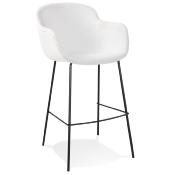 Tabouret de bar design à accoudoirs 'CARINO' en tissu bouclé blanc avec 4 pieds en métal noir dossier haut