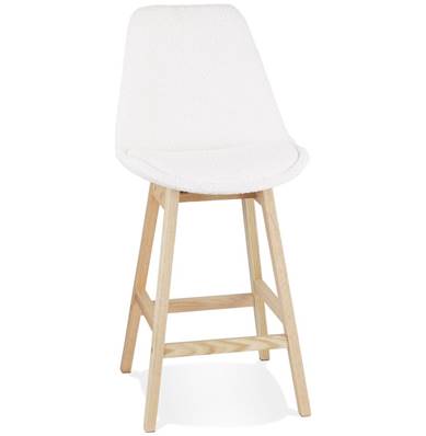 Tabouret de snack mi-hauteur design scandinave 'Chairman Mini' tissu bouclé blanc avec 4 pieds en bois naturel et dossier haut