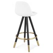 Tabouret de snack mi-hauteur 'Moden Mini' tissu bouclé blanc 4 pieds bois noir et doré dossier haut