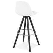 Tabouret de bar 'Black Circle' tissu bouclé blanc 4 pieds bois noir repose pieds chromé dossier haut