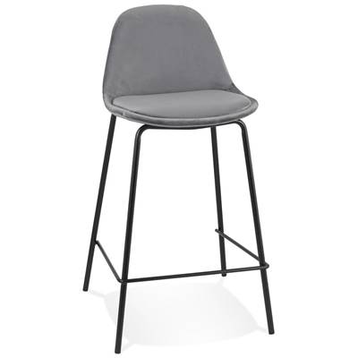 Tabouret snack mi-hauteur style baroque 'Tekno Mini' en velours gris 4 pieds métal noir dossier haut