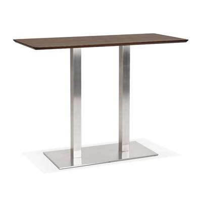 Table bar haute design 'Tvillin' bois finition noyer double pied central métal brossé – 150 x 70 cm