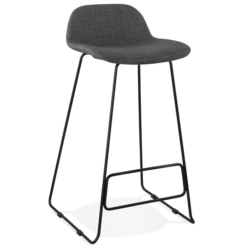 Tabouret de bar design 'Steelblack' tissu gris foncé pieds tréteaux repose pieds en métal noir dossier bas