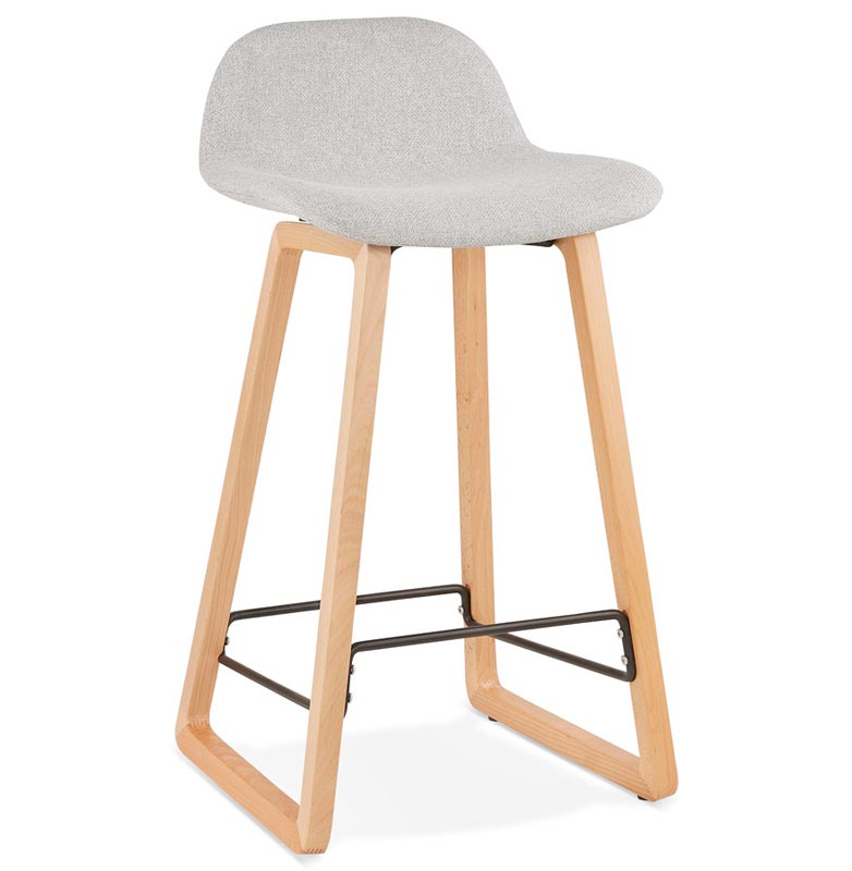 Tabouret de snack mi-hauteur scandinave 'Skala' tissu gris clair pieds tréteaux bois et dossier bas