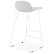 Tabouret de bar design 'Steel' tissu gris clair pieds tréteaux repose pieds métal blanc dossier bas
